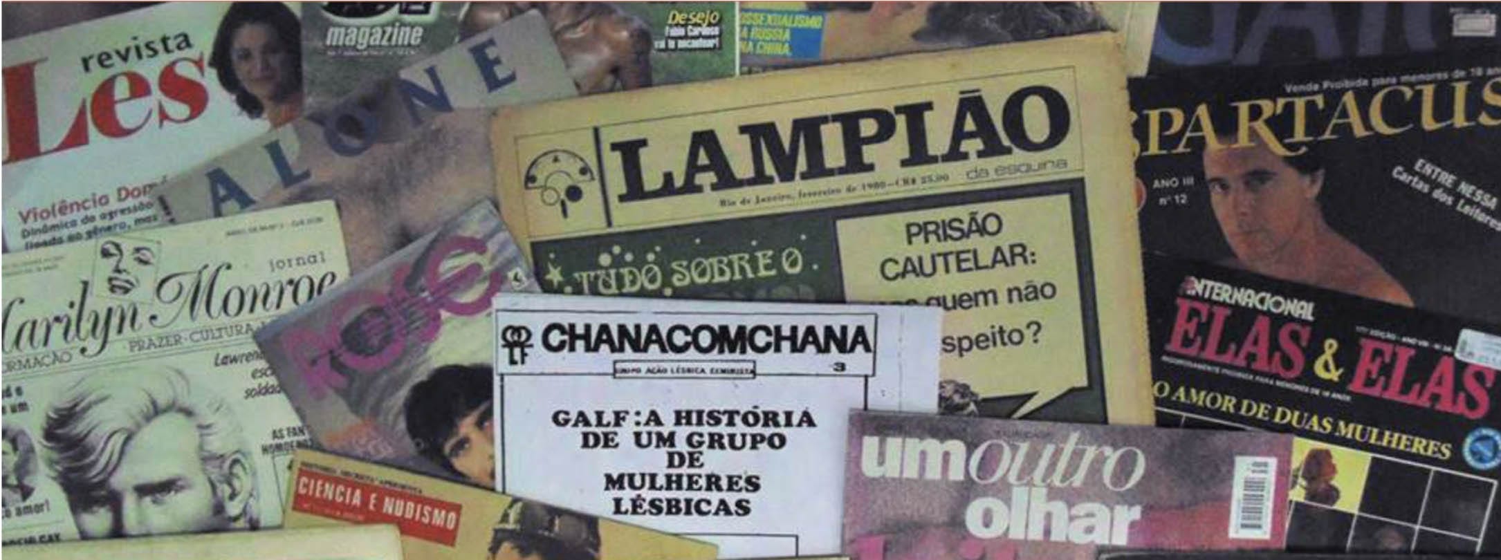 Exemplares de publicações voltadas ao público LGBTQIA+. Reprodução Acervo Bajubá. Modificada pelo autor.